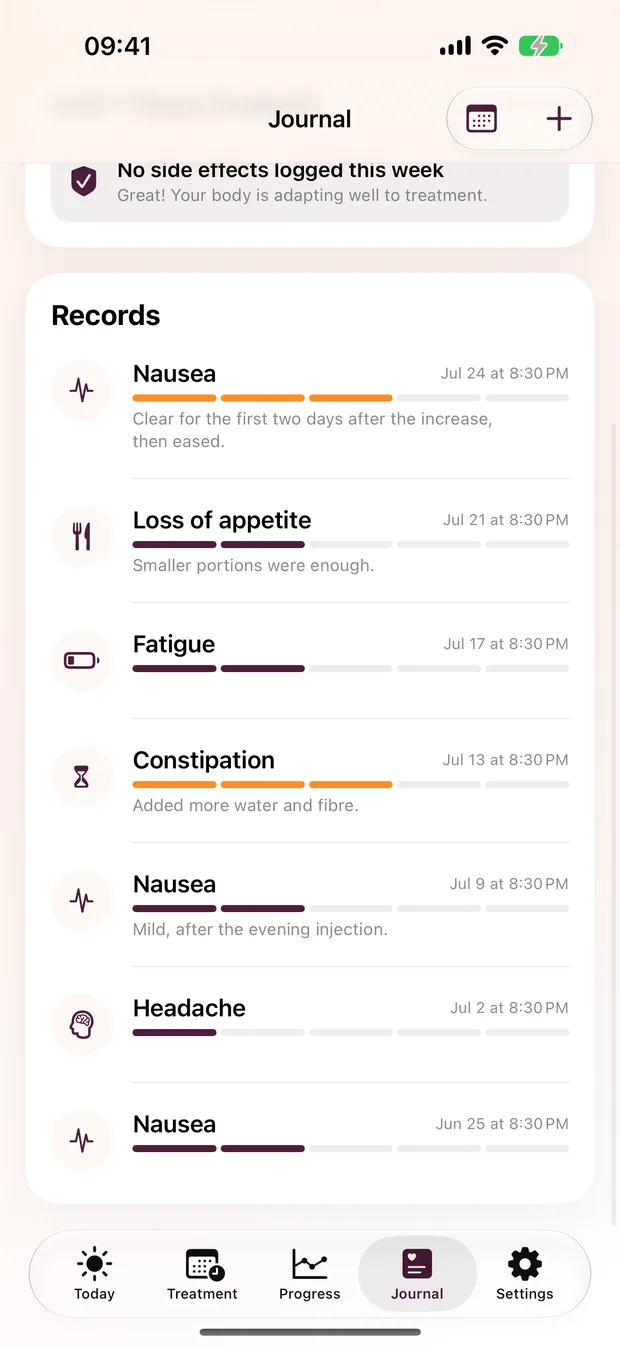 Side effect entries with severity bars