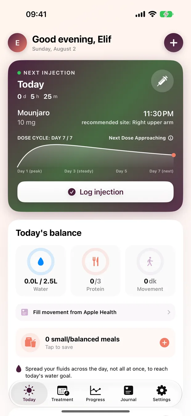 Next injection card, absorption curve and daily balance