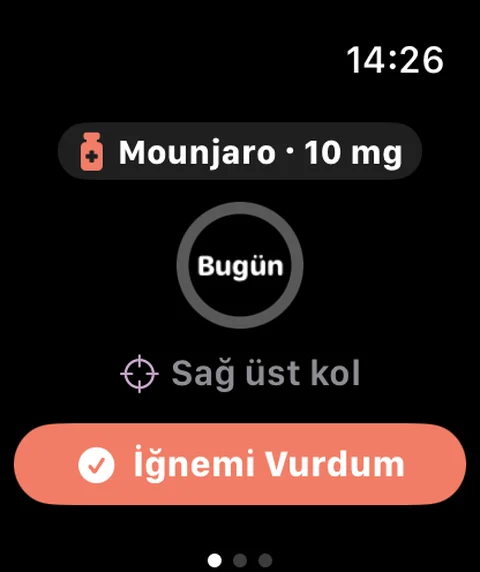 Apple Watch'ta sıradaki doz, önerilen bölge ve enjeksiyon kaydetme butonu